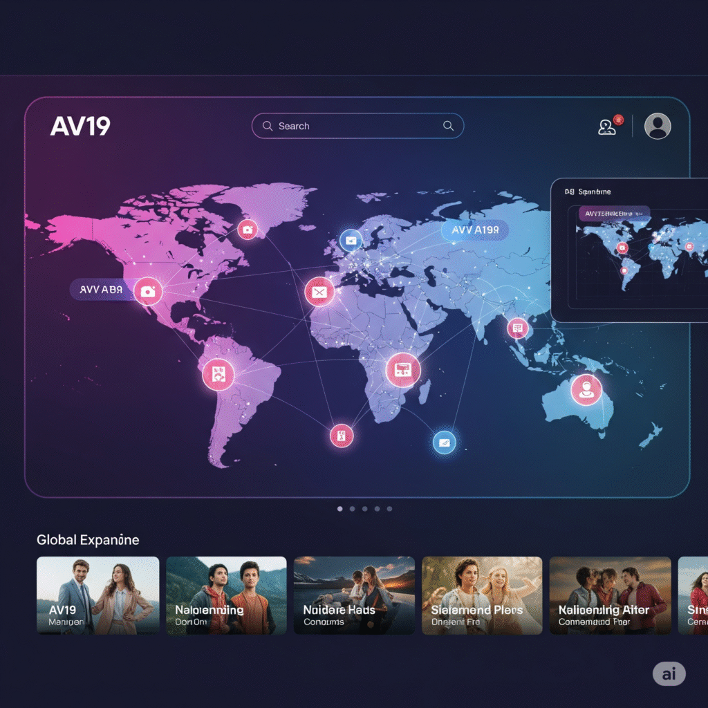 AV19 플랫폼의 글로벌 홈페이지를 보여주는 생동감 있는 디지털 인터페이스 AV19 플랫폼의 글로벌 홈페이지를 보여주는 생동감 있는 디지털 인터페이스