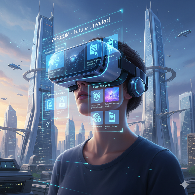 야스닷컴 미래 비전 이미지. VR 헤드셋과 AI 추천 UI를 포함한 컨셉 아트.
