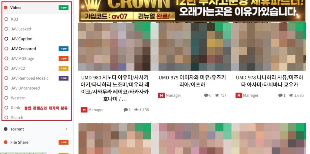 AVseeTV 카테고리 메뉴 확대 스크린샷. 불법 콘텐츠의 체계적 분류를 보여주고 있다. AVseeTV 카테고리 메뉴 확대 스크린샷. 불법 콘텐츠의 체계적 분류를 보여주고 있다.